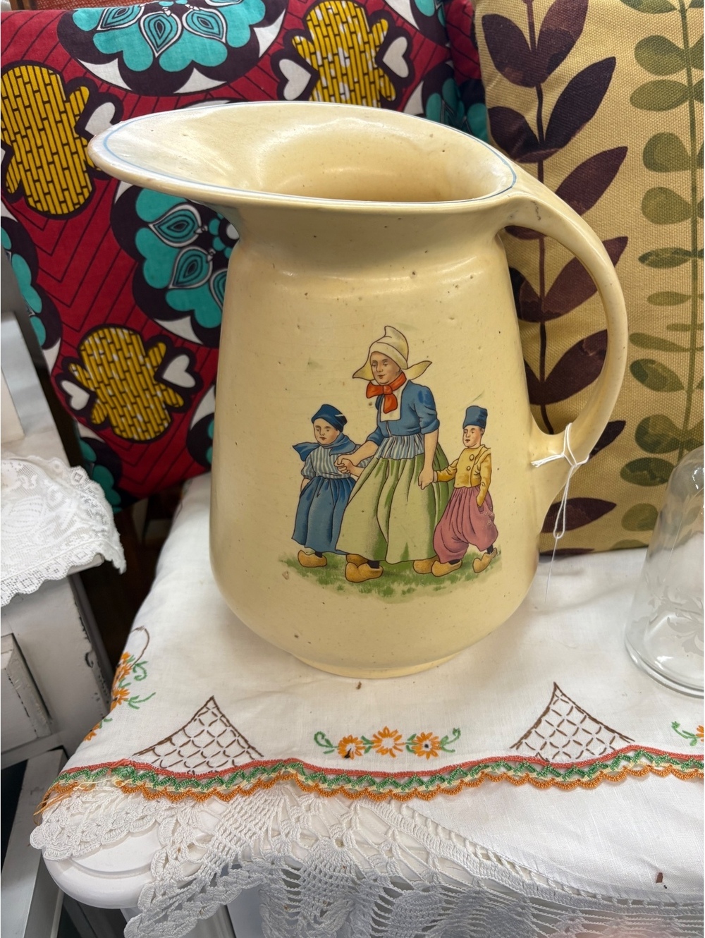 Antique Roseville Pottery "Dutch Children" Creamware Large Pitcher c. 1910